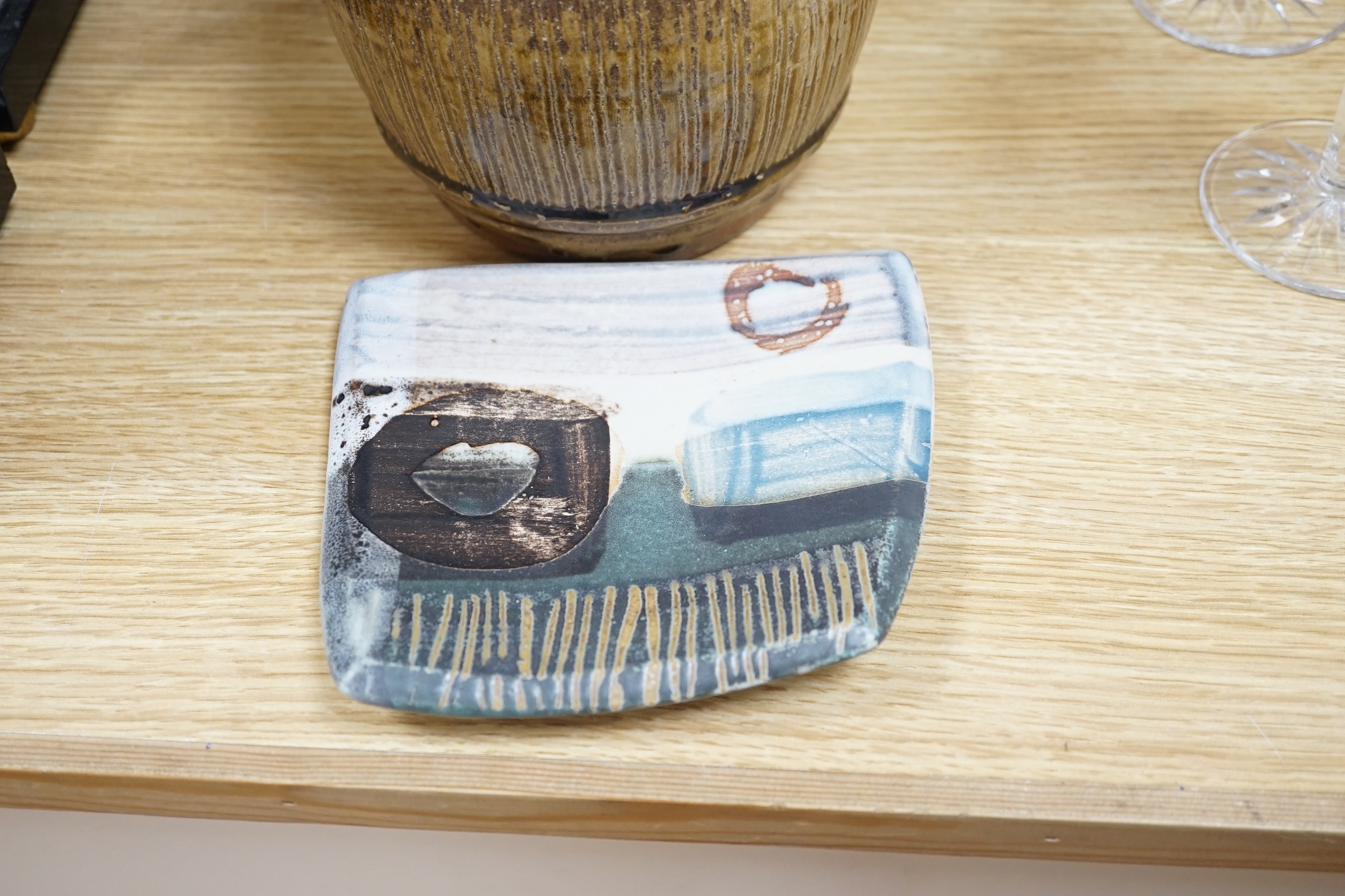 Studio ceramics to include a St. Ives moulded jug and an ash glazed jar and cover marked 'MD' etc. St Ives jug 15cm high
